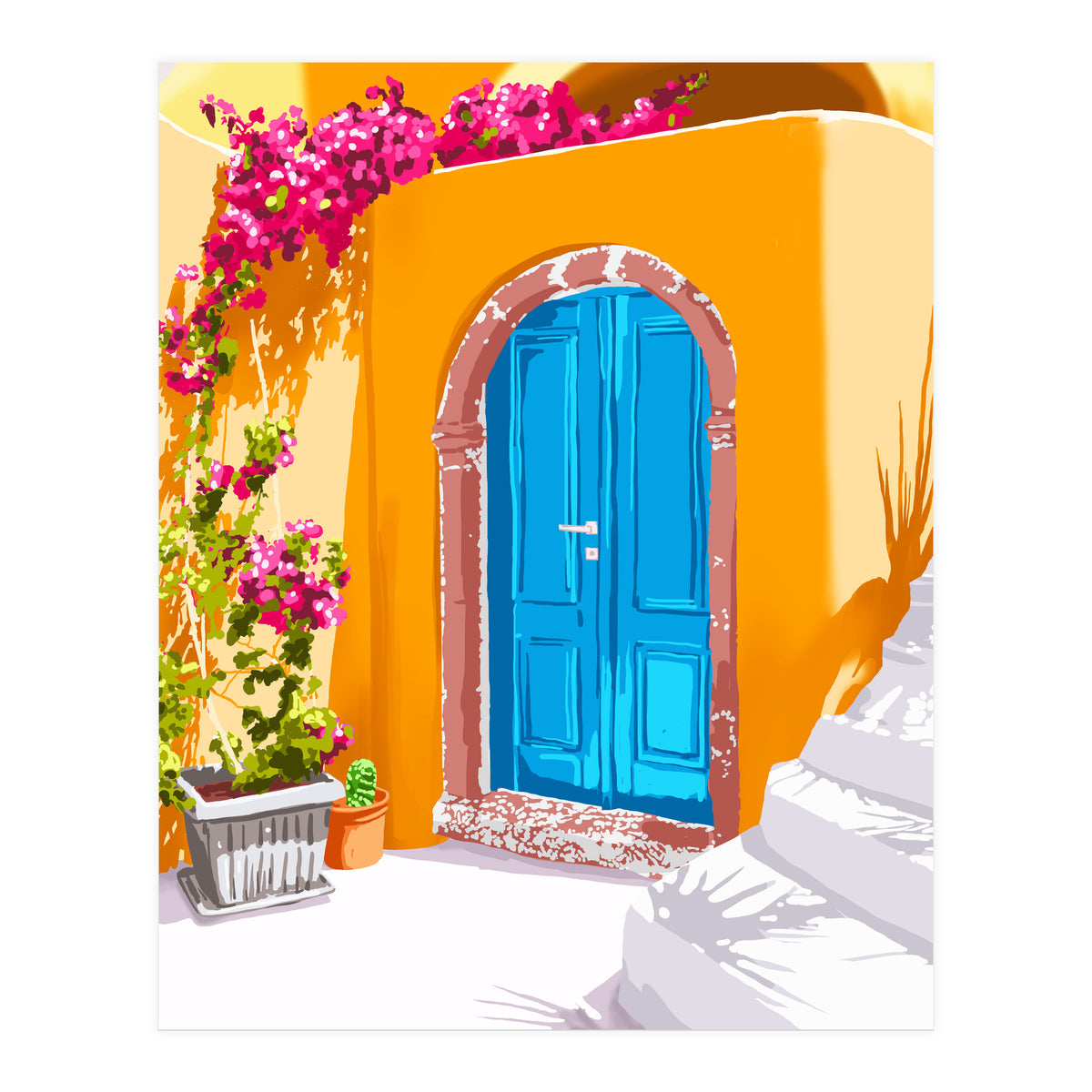 Sunny Morocco, Summer Architecture Greece Travel Painting, Boungainvillea Tropical Floral (Print Only)