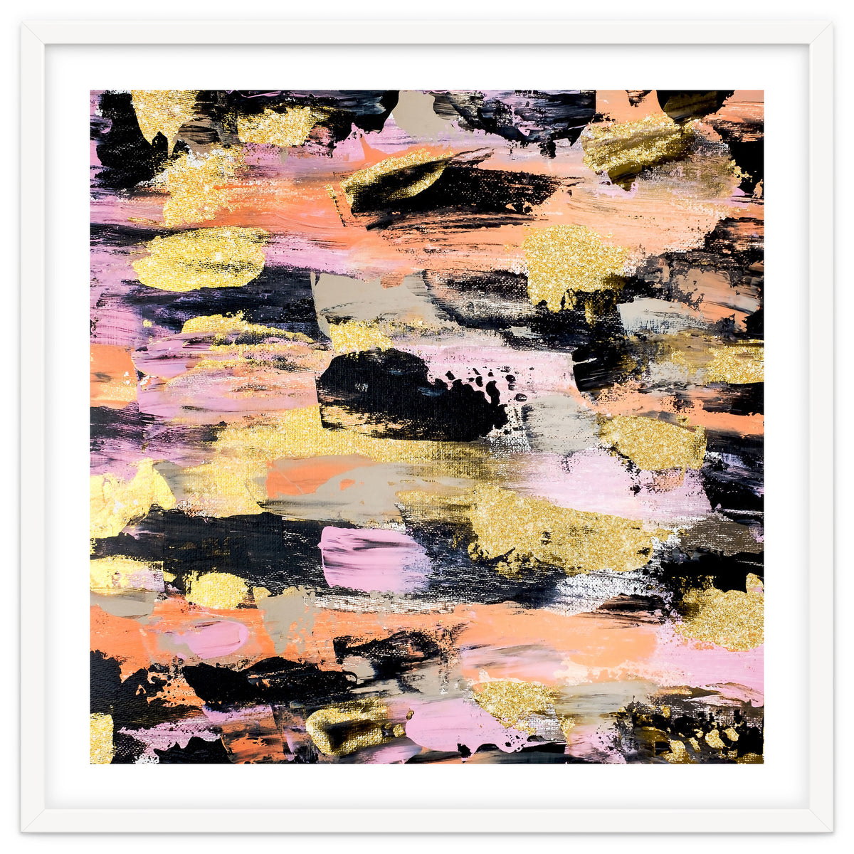 Modern Abstract Black Pink Salmon Gold Acrylic Brushstrokes Paint