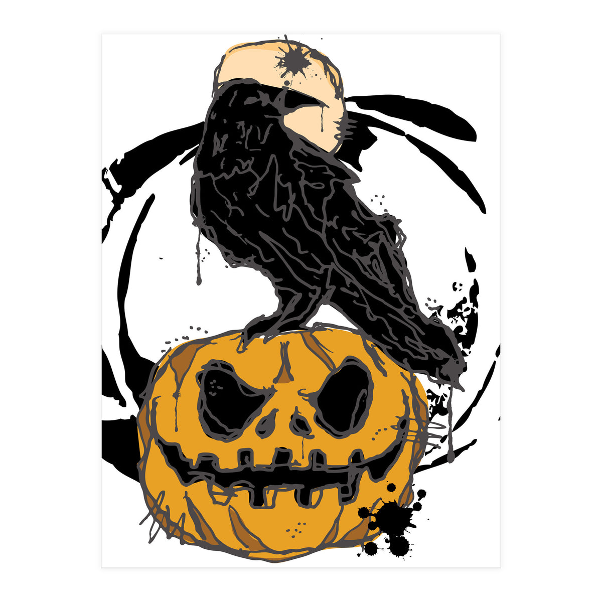 Raven over a pumpkin scribble sketch (Print Only)