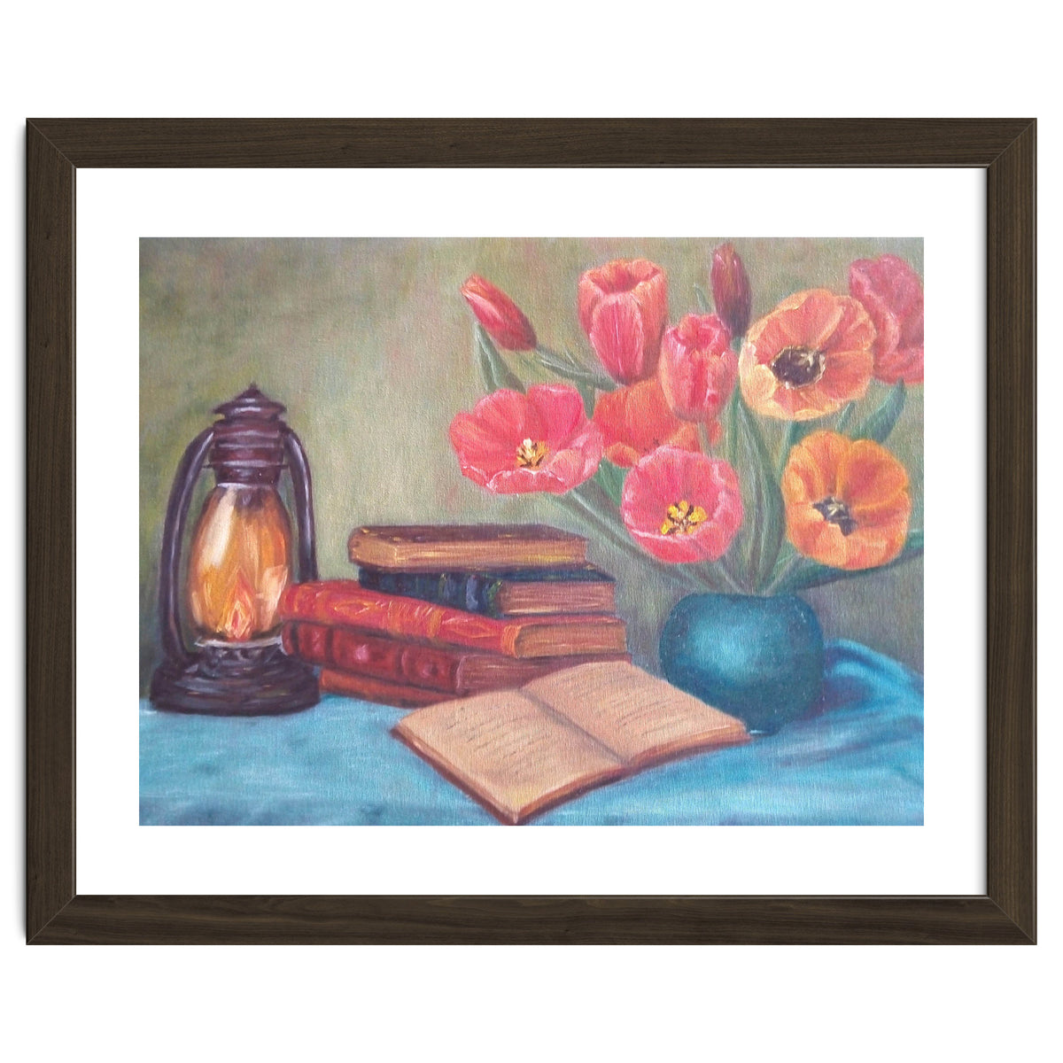 Still life with tulips, books and an old lamp.