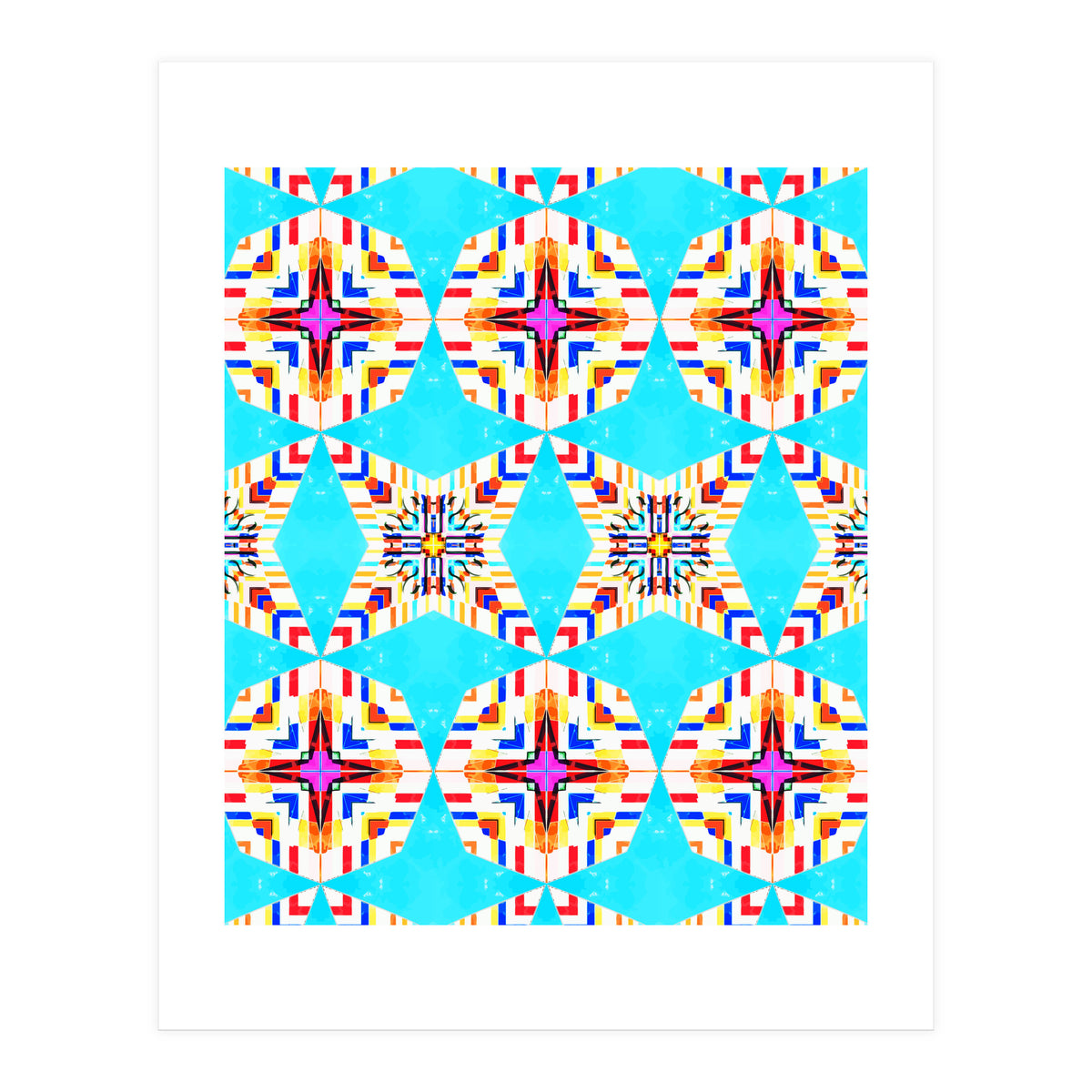 Exotic Tiles, Moroccan Teal Kaleidoscope Pattern, Turkish Bohemian Colorful Culture Eclectic Graphic (Print Only)