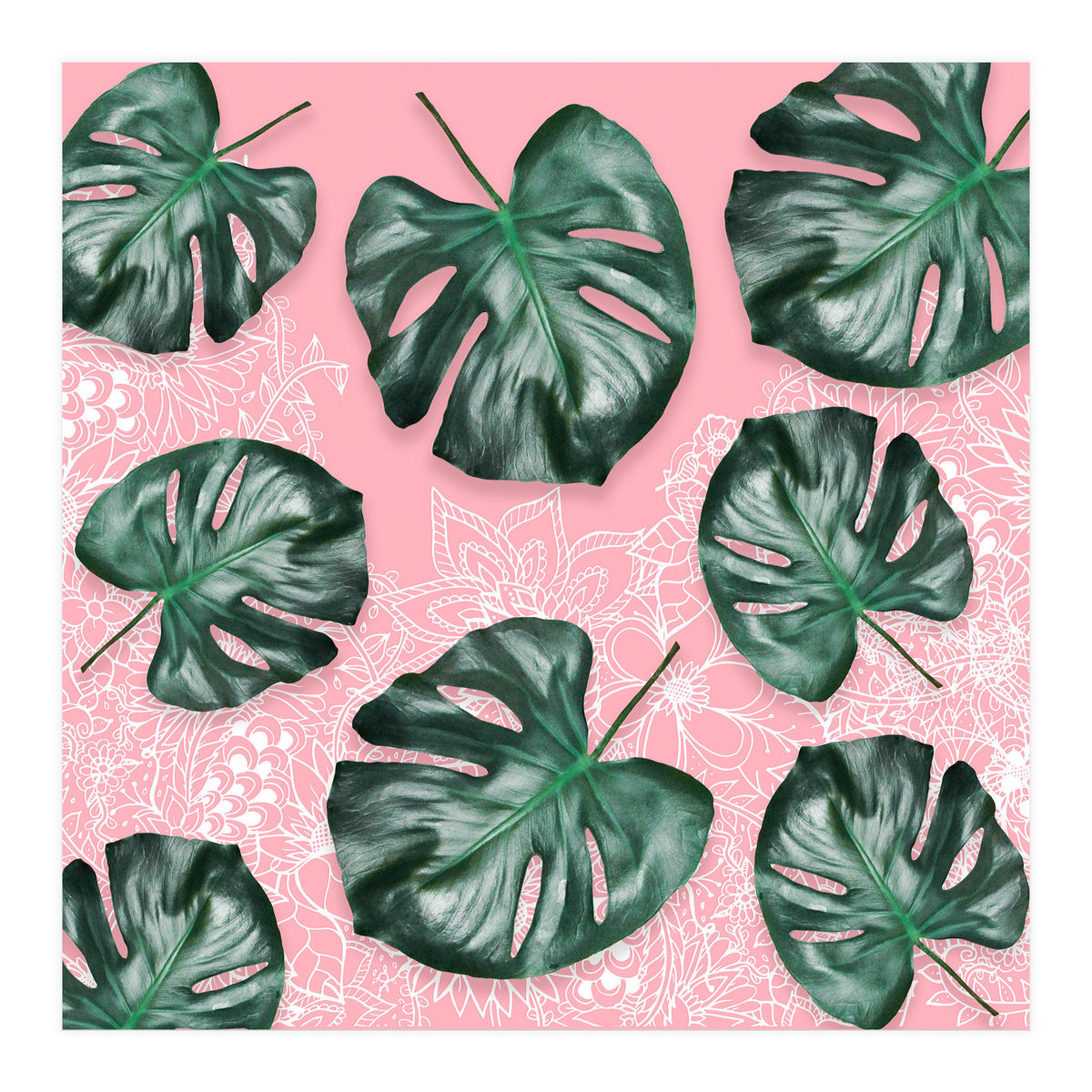 Modern 3d green tropical monstera leaf photo on blush pink white floral illustration (Print Only)