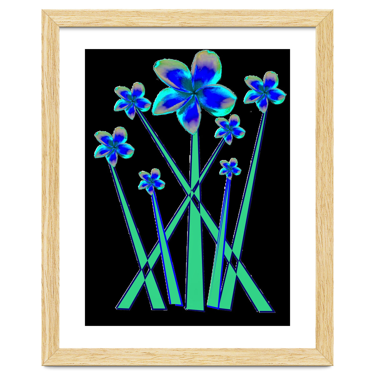 Blue flowers on black.