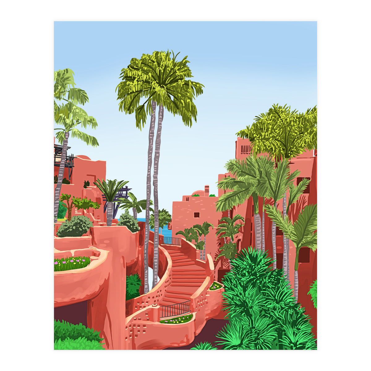 Tropical Architecture, Mexico Exotic Places Building Illustration Bohemian Painting Palm  (Print Only)