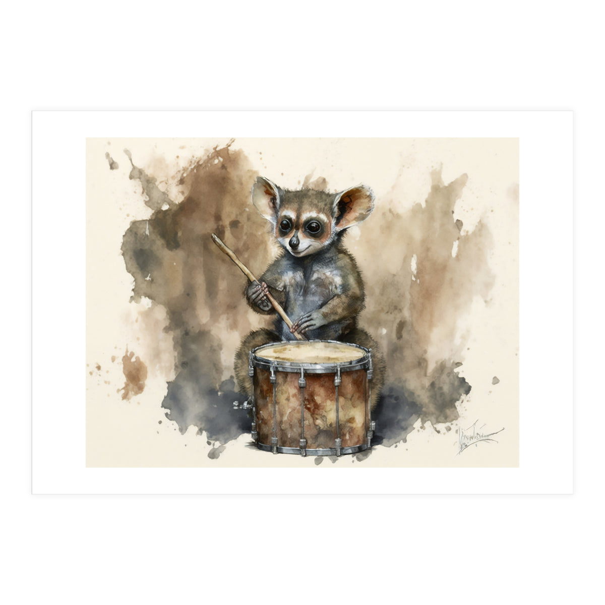 Bush Baby Playing Drum Watercolor Painting (Print Only)
