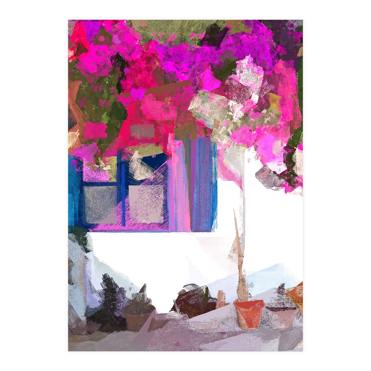 Blossom Is Just Around The Corner, Bougainvillea Tropical Greece Architecture, Botanical SummerTravel Bohemian (Print Only)