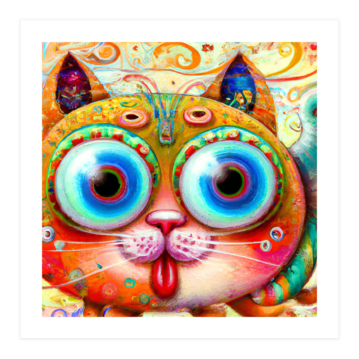 Chaotic and Colorful Fantasy Cat sticking out its Tongue (Print Only)