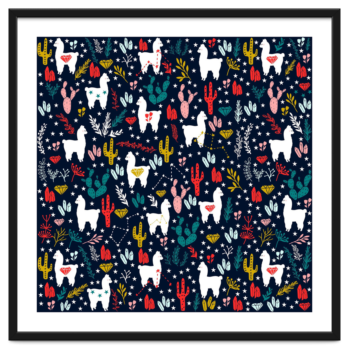 Cute Alpaca Pattern with Cacti, Stars and Crystals