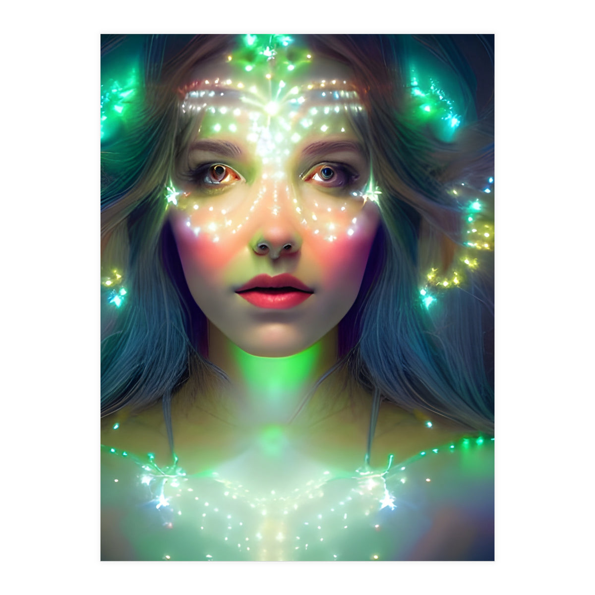 Glowing Green Stars - Goddess of Light Digital Fantasy Artwork (Print Only)
