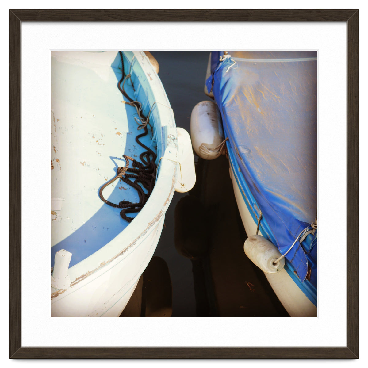 Blue and white wooden fishing boats