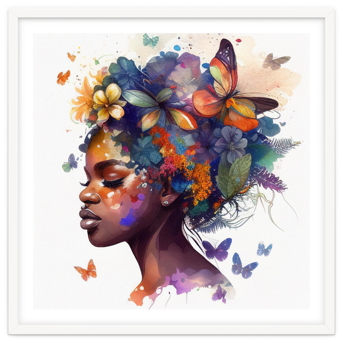 Watercolor Butterfly African Woman #7