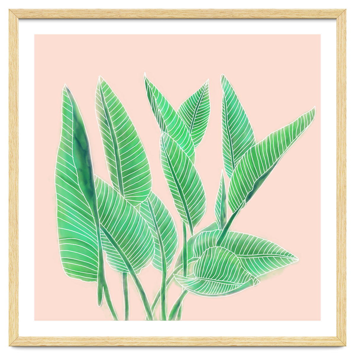 Modern Hand Painted Tropical Green Watercolor Leaf Bird Of Paradise On Pastel Pink