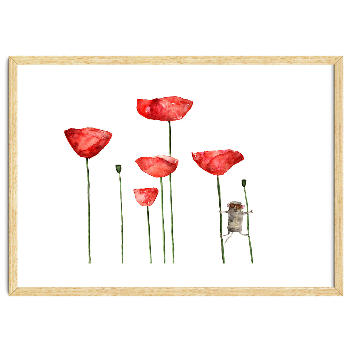 Little mouse loves big poppies || watercolor for nursery