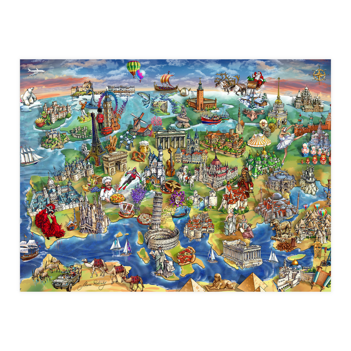 European World Wonders Illustrated Map (Print Only)