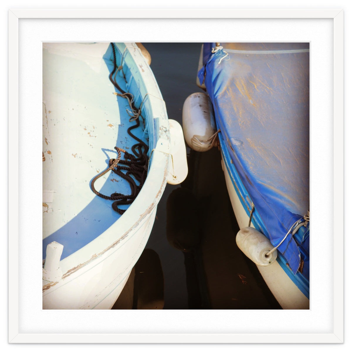 Blue and white wooden fishing boats