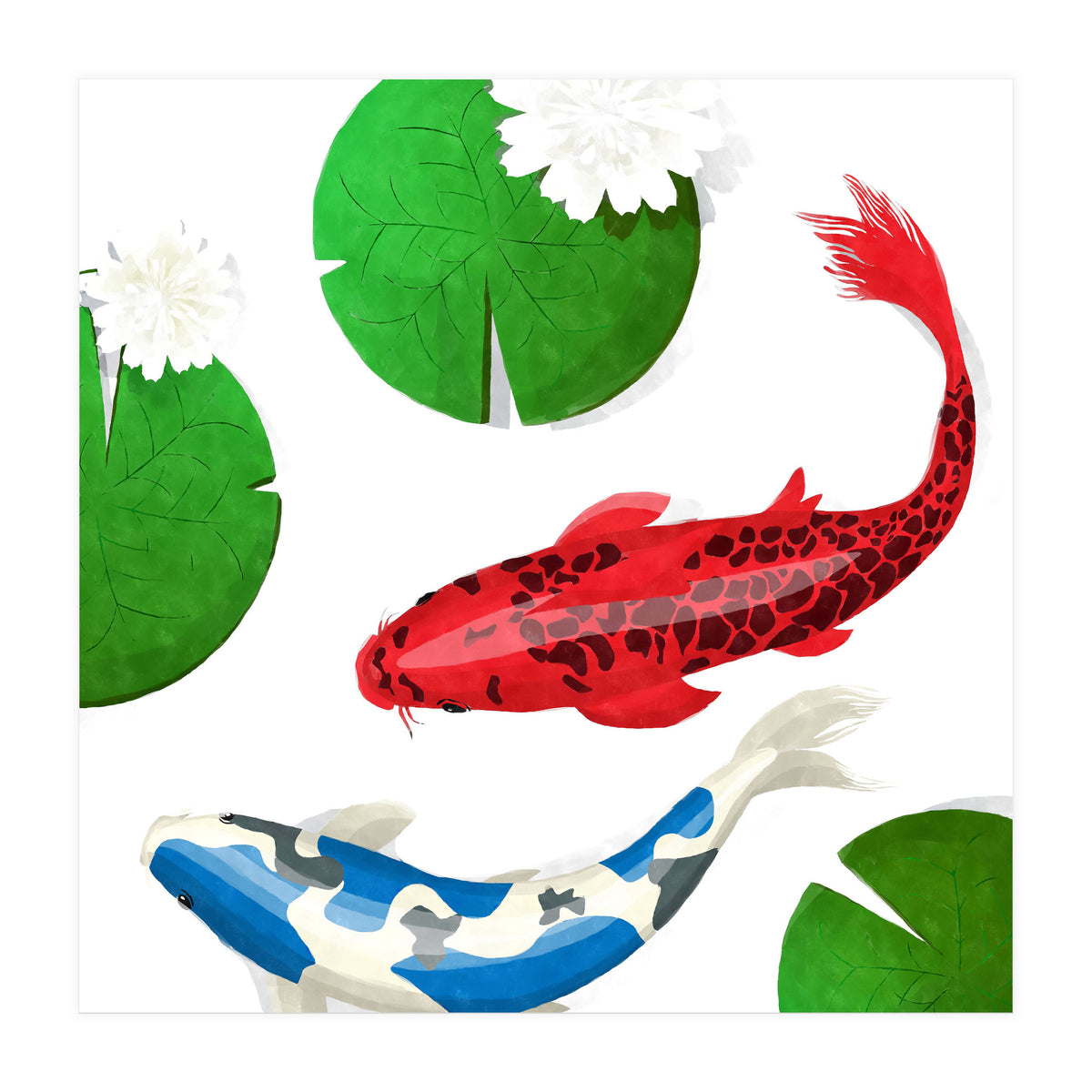 Watercolor Koi Fish And Lotus (Print Only)