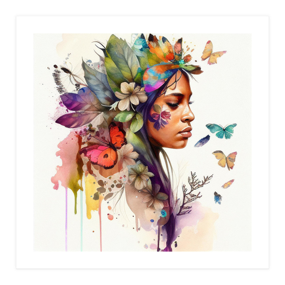 Watercolor Floral Indian Native Woman #10 (Print Only)