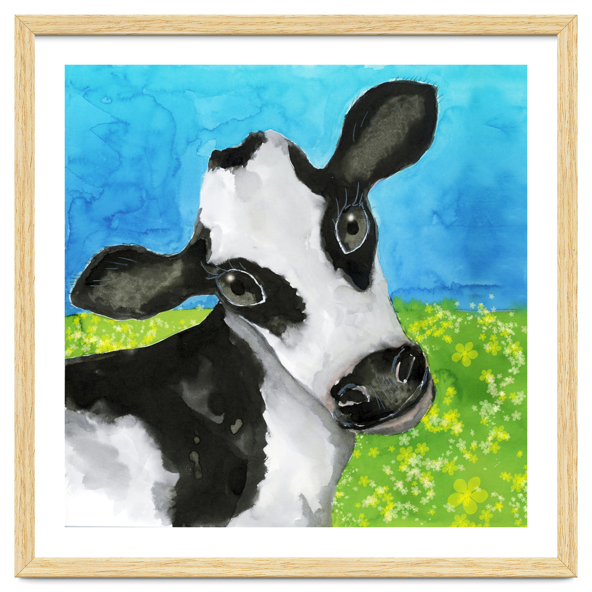 Cow in the meadow watercolor