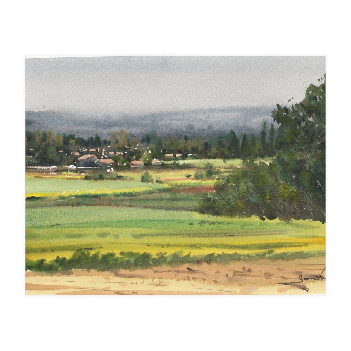 Sunny Landscape Painting Watercolor (Print Only)