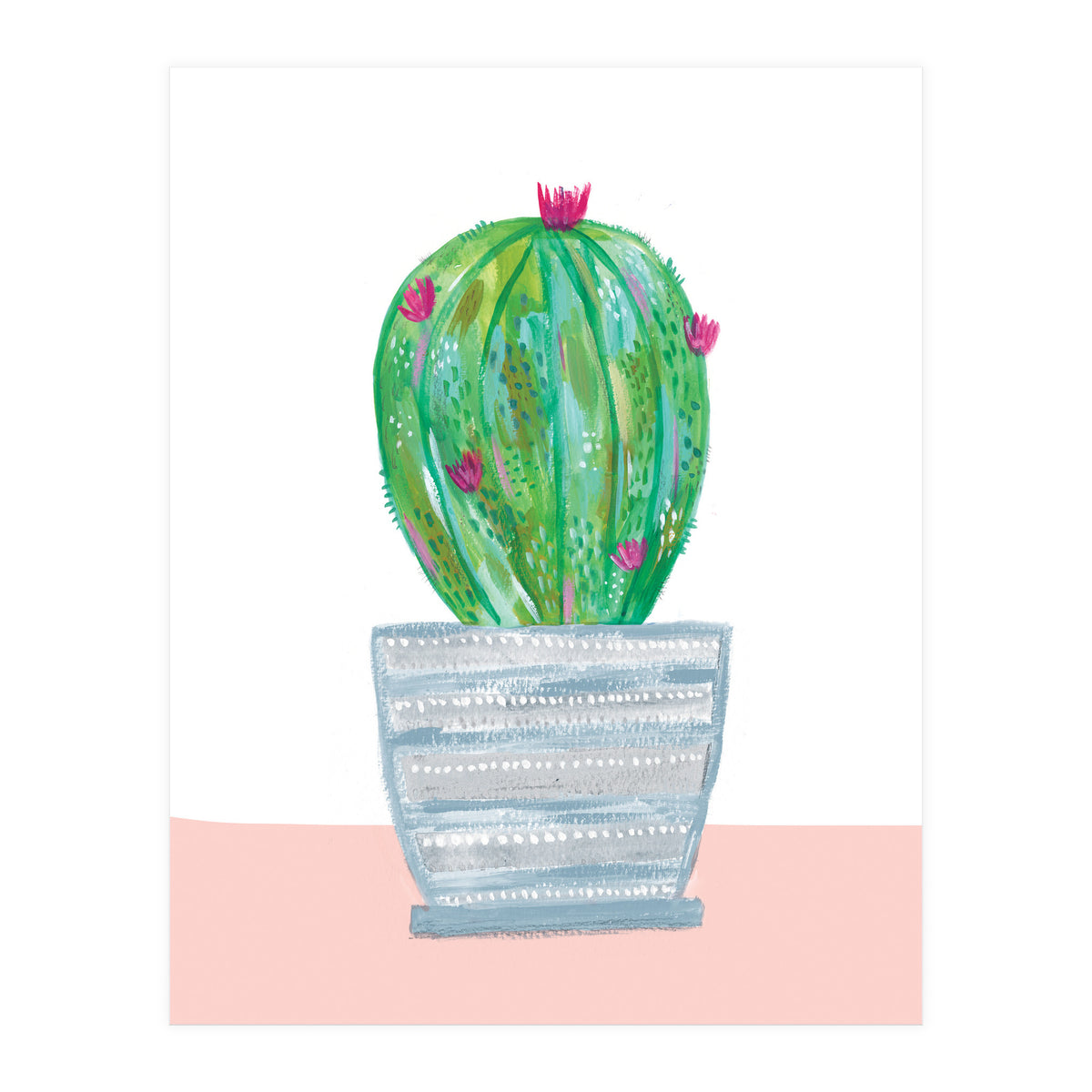 Painted Cactus In Blue Stripe Plant Pot (Print Only)