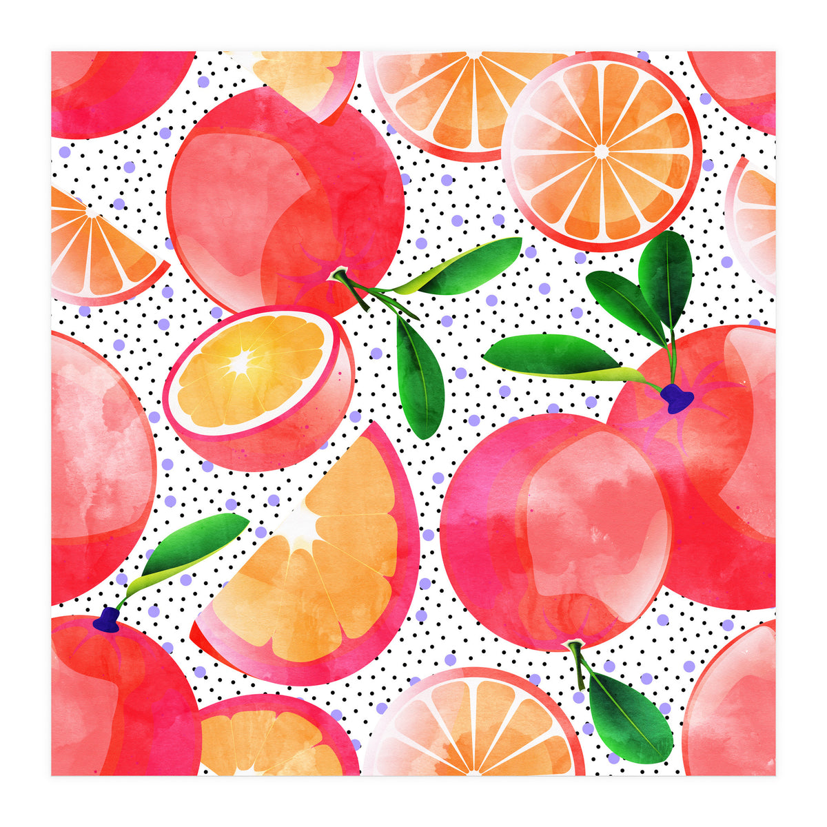 Citrus Tropical | Juicy Fruits Polka Dots | Food Orange Grapefruit Pink Watercolor Botanica (Print Only)