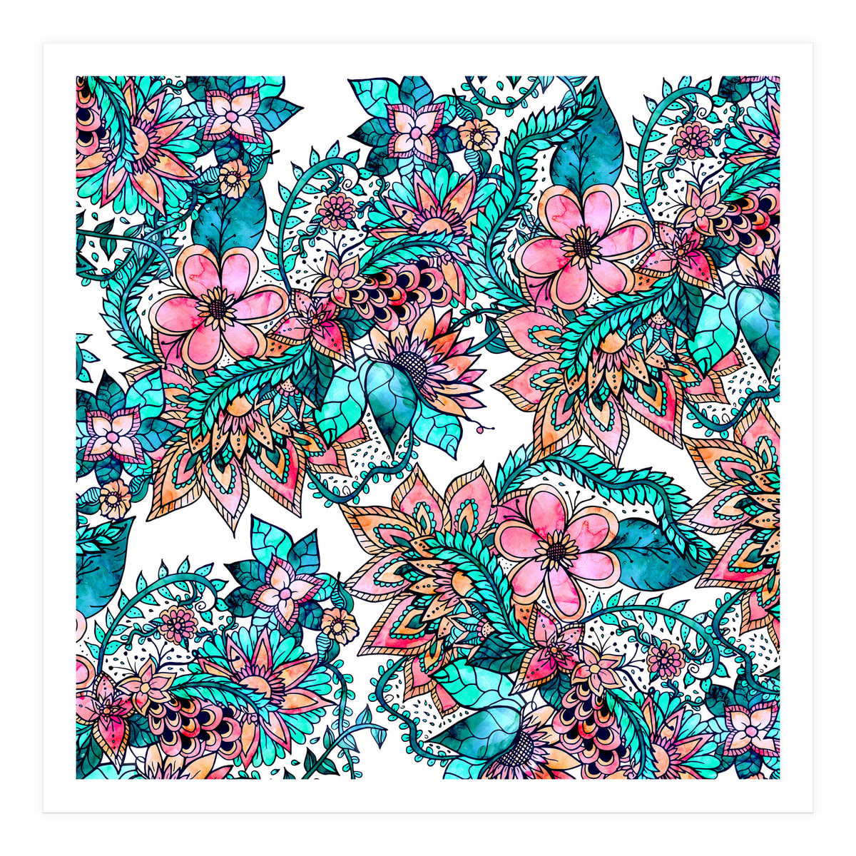 Boho turquoise pink floral watercolor illustration (Print Only)