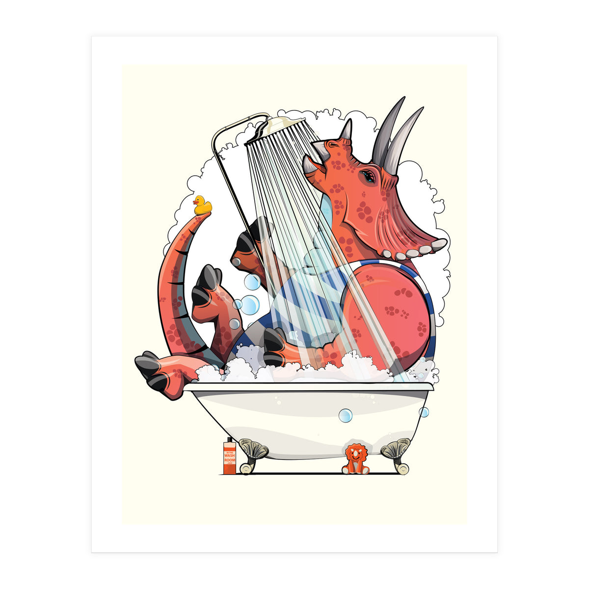 Dinosaur Triceratops in the Shower, funny bathroom humour (Print Only)