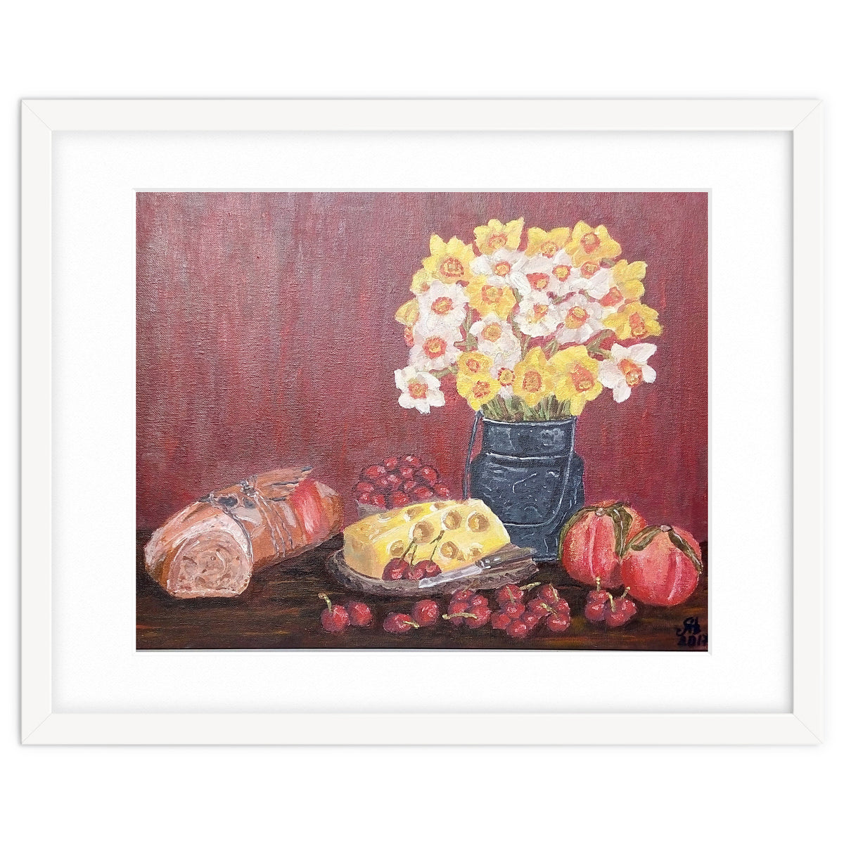 Still life with cheese, daffodils on a red background.