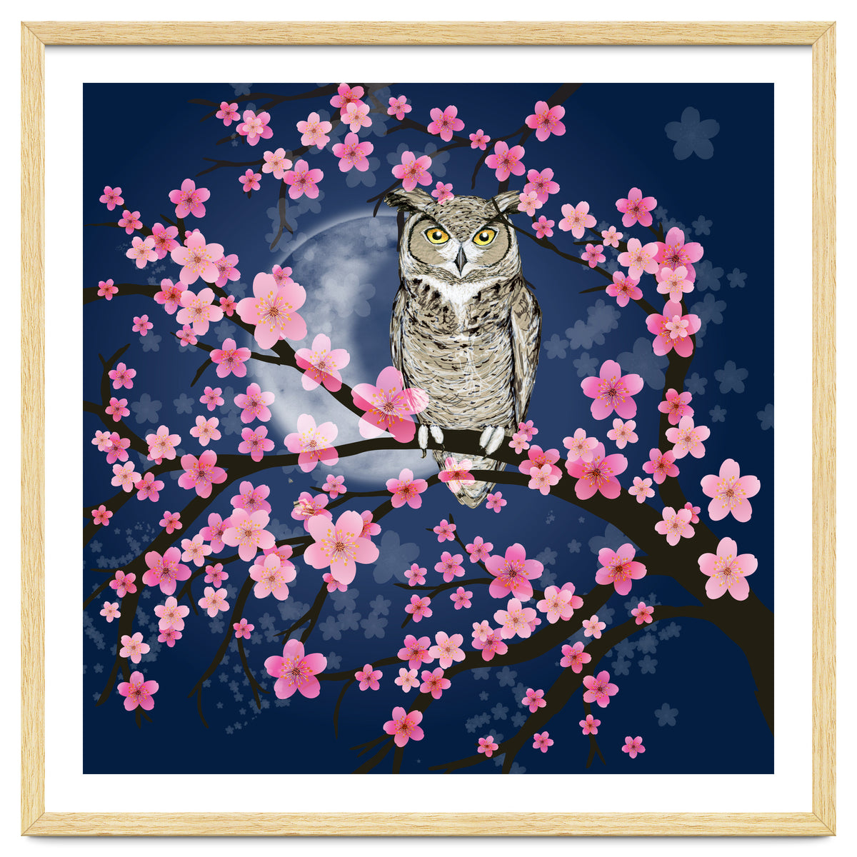 Great horned owl in a blossom tree