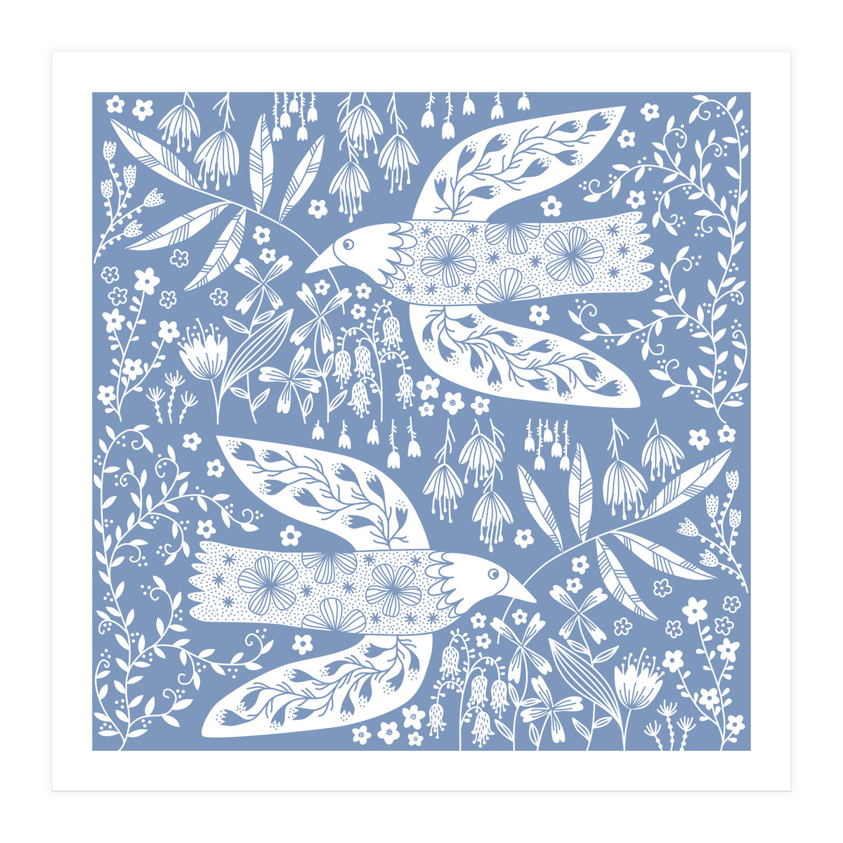 Doves And Flowers White On Blue (Print Only)