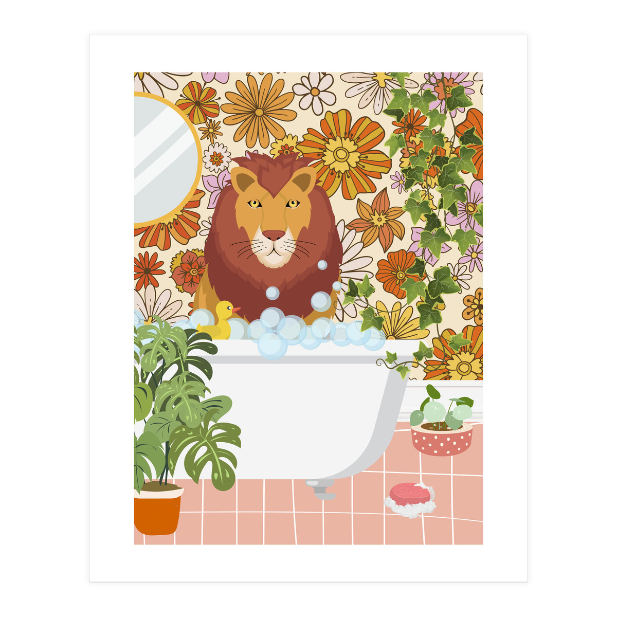 Lion Bathing on Groovy Bathroom (Print Only)