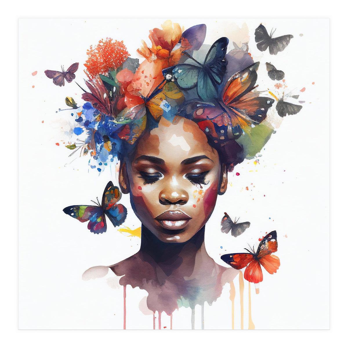 Watercolor Butterfly African Woman #4 (Print Only)