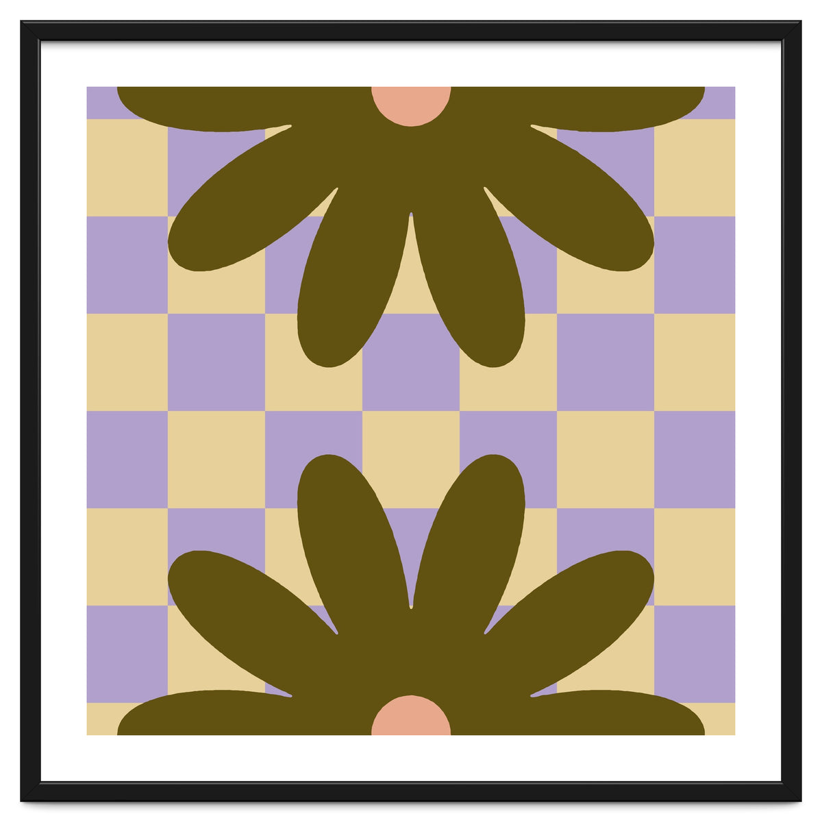 Retro Geometric Simple Flower on Checkerboard
