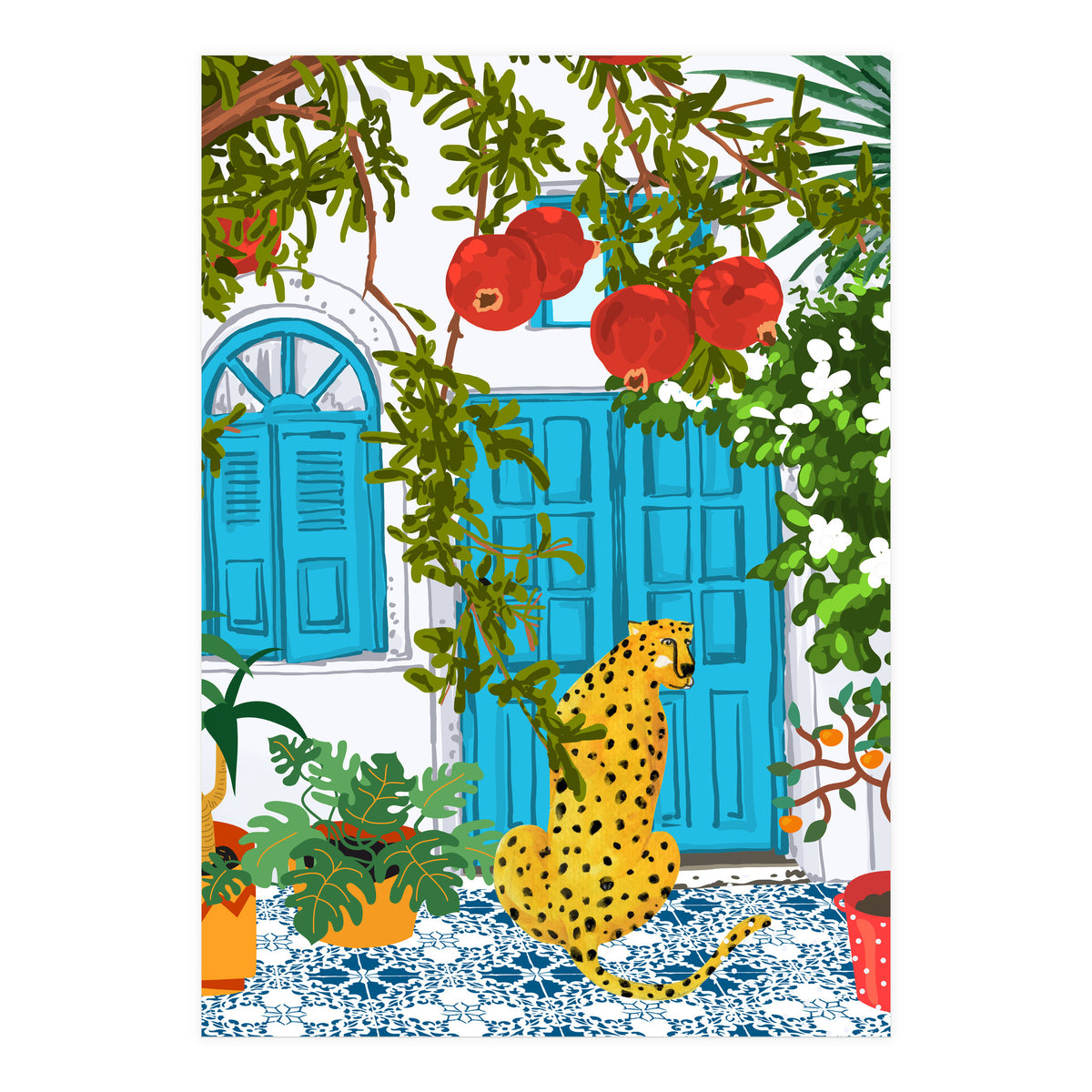 Cheetah Home, Morocco Architecture Illustration, Greece Cats Tropical Urban Jungle Pomegranate  (Print Only)