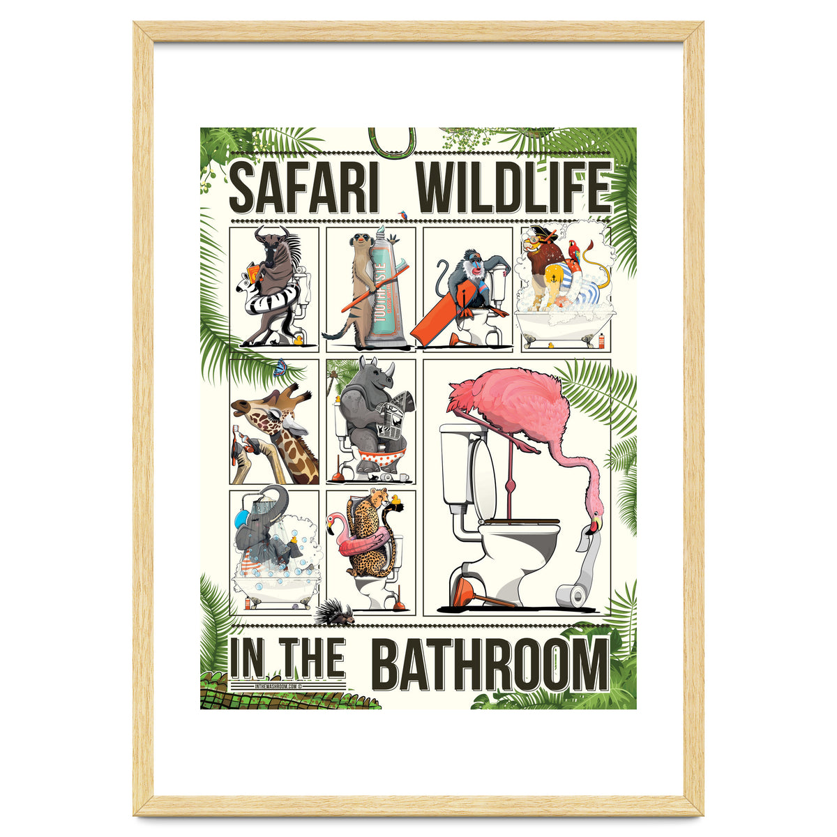Safari wildlife animals in the bathroom, funny toilet humour.