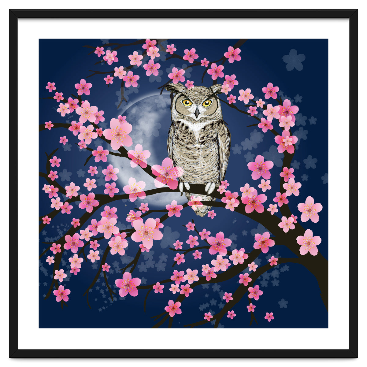 Great horned owl in a blossom tree