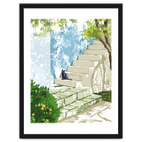 Black cat on the steps Poster, Greece Santorini summer travel pet painting thumbnail