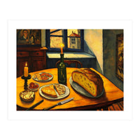 Table Setting of Bread and Cheese Oil Painting (Print Only)