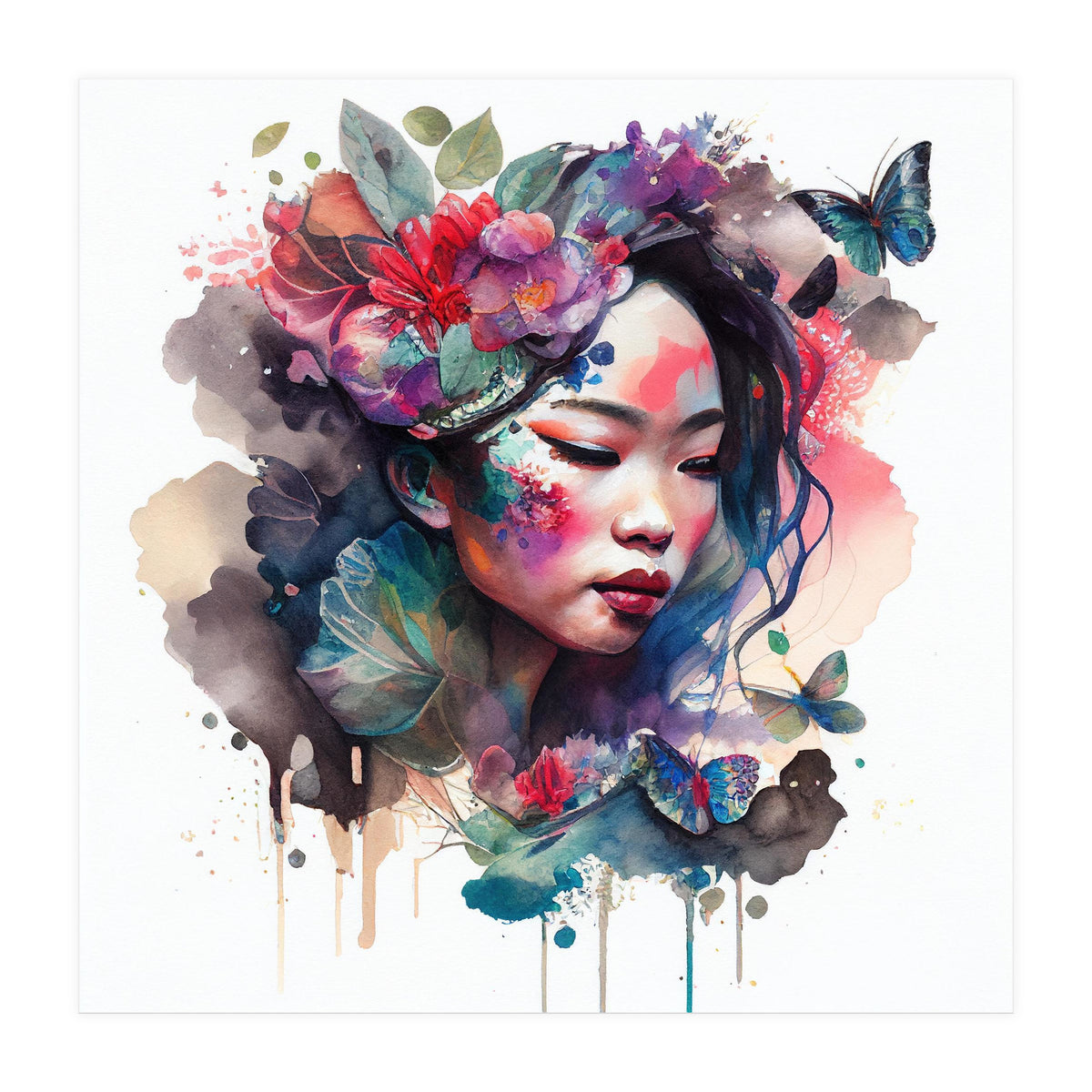 Watercolor Floral Asian Woman #10 (Print Only)