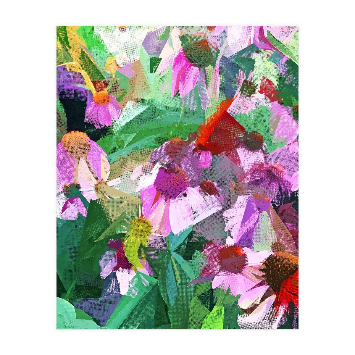 The Memory of Spring, Crosshatch Botanical Floral Painting, Plants Garden Meadow, Flowers Nature Digital Illustration (Print Only)