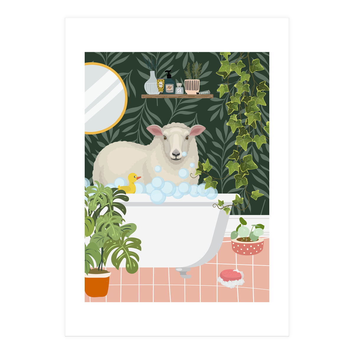 Sheep in Botanical Bathroom (Print Only)
