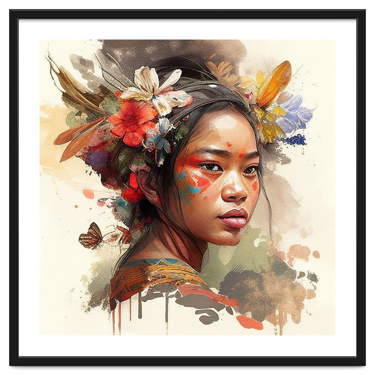 Watercolor Floral Indonesian Native Woman #3