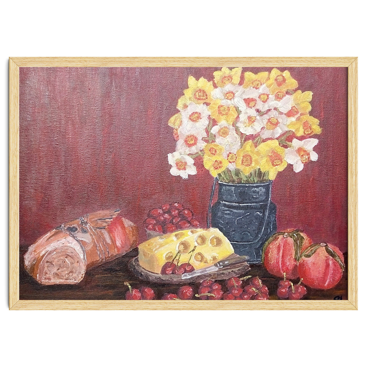 Still life with cheese, daffodils on a red background.