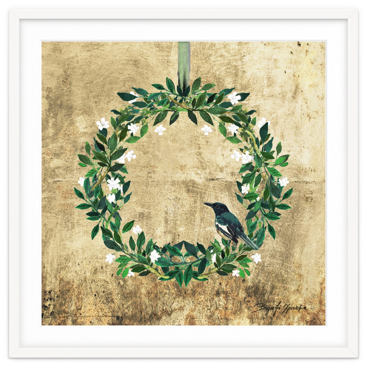Wreath #White Flowers & Bird #Royal collection