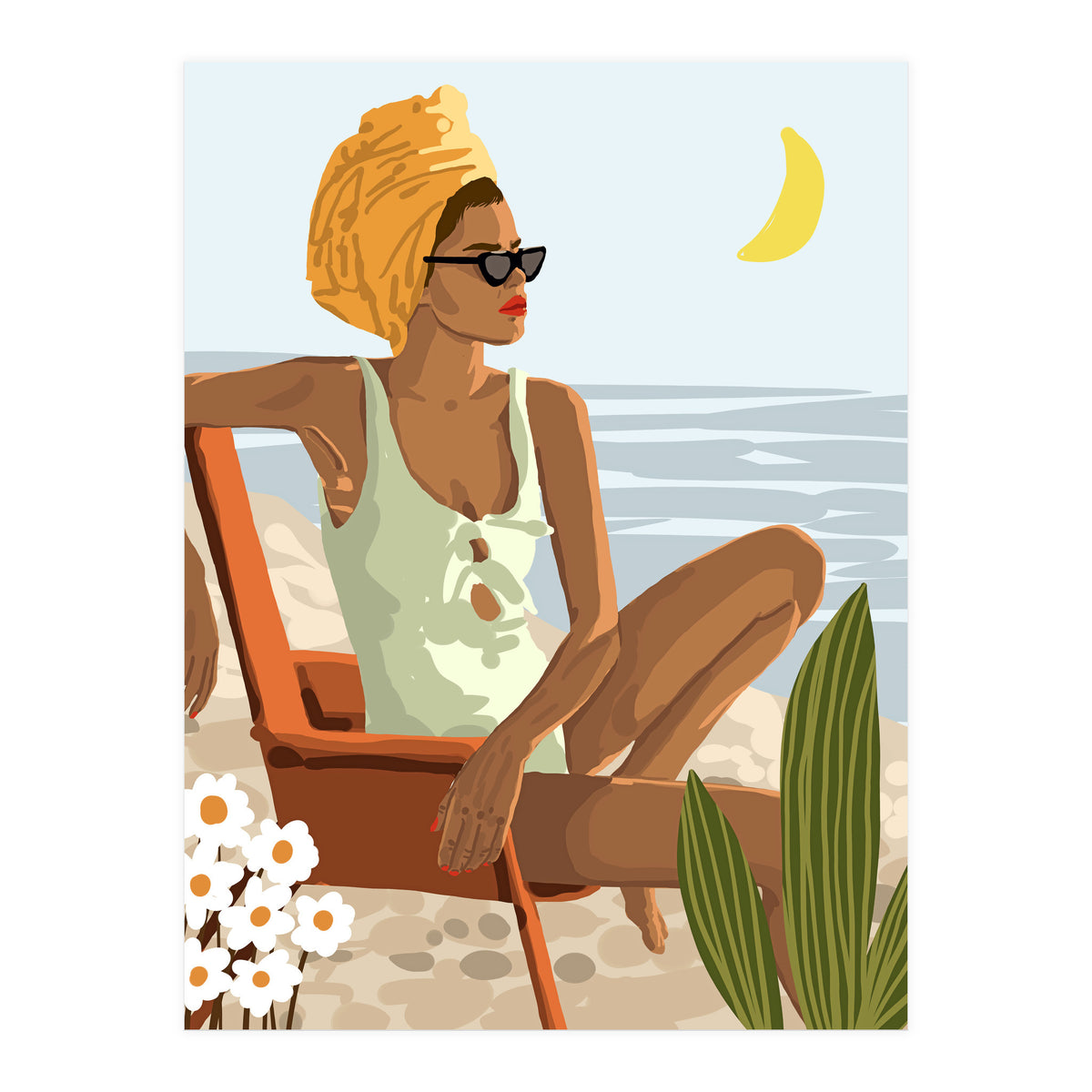 Moon Child, Beach Vacation, Black Woman Illustration Travel Ocean, Tropical Bohemian Fashion (Print Only)