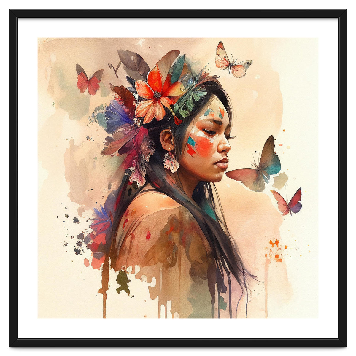 Watercolor Floral Indian Native Woman #8