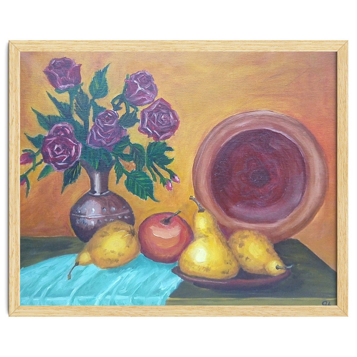 Still life with pears, roses and a dish.