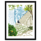 Black cat on the steps Poster, Greece Santorini summer travel pet painting thumbnail