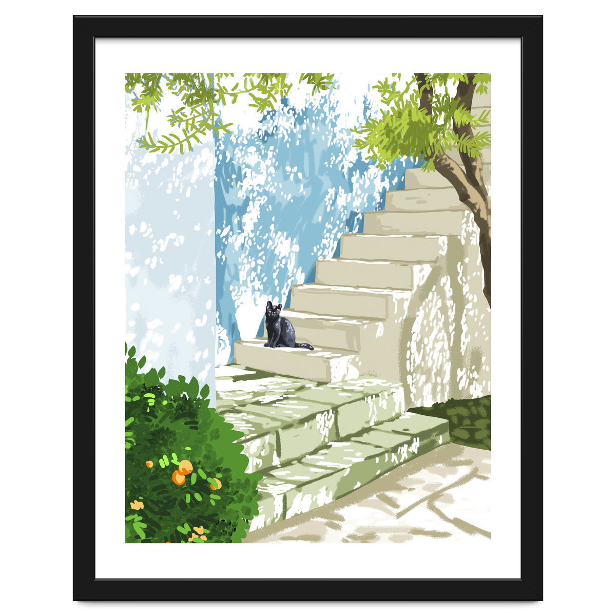 Black cat on the steps Poster, Greece Santorini summer travel pet painting