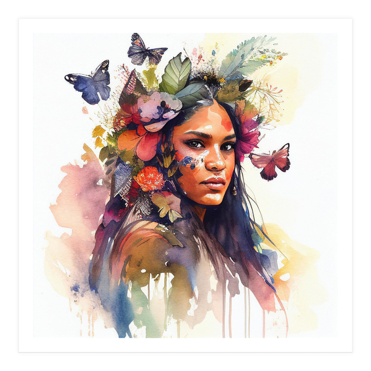 Watercolor Floral Indian Native Woman #5 (Print Only)